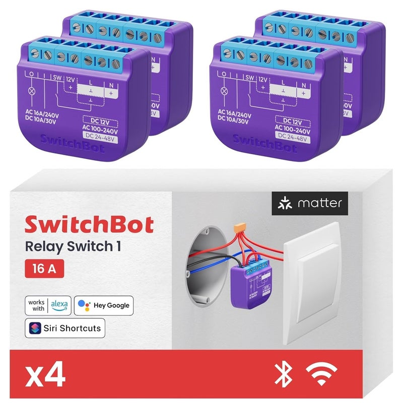 SwitchBot WiFi Switch 1 (Pack of 4) Compatible with Alexa/Apple Home/Google Home, Power-Measuring Relay Switch Module with Built-in Bluetooth Repeater and Dry Contact, Wi-Fi 2.4GHz, 16A - Image 1
